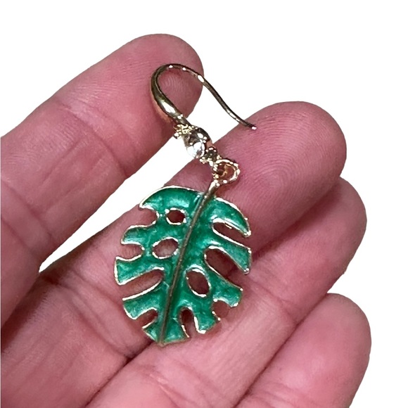 Gold and Green Monstera Leaf Drop Earrings - Picture 3 of 6